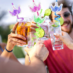 Set includes 6 mixed-color straws and 6 removable crown charms