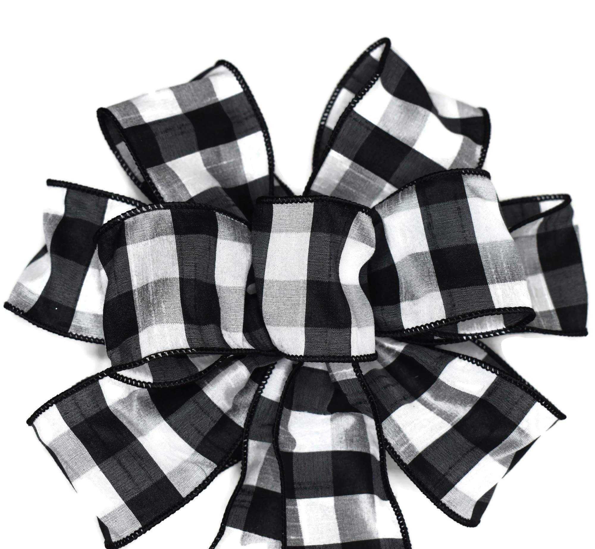 10 inch Black and White Check wired wreath bow product image