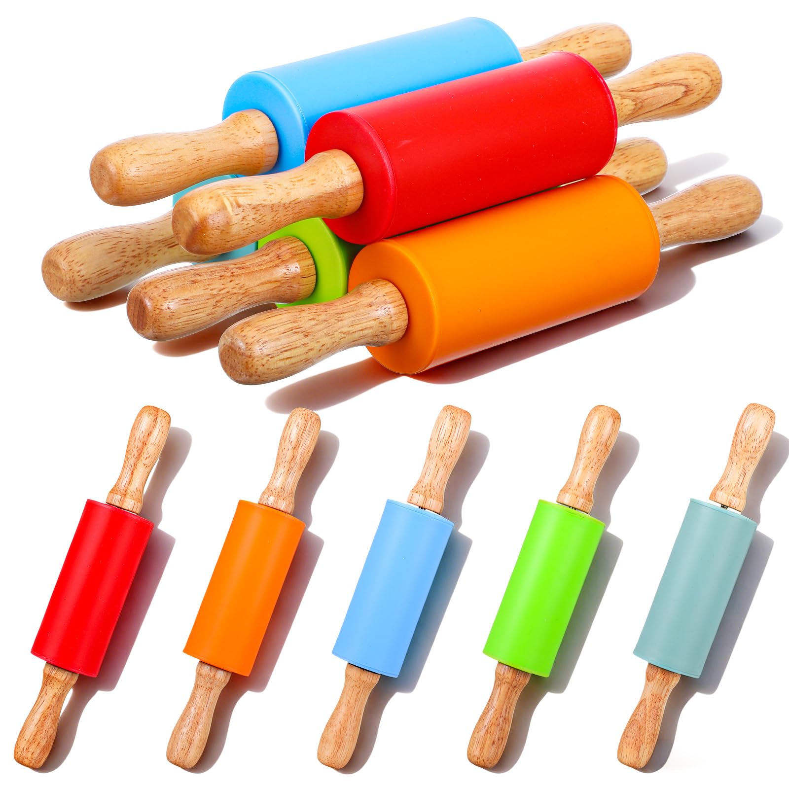 Pack of 10 mini rolling pins with 9 inch length and wooden handles