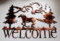 Backside welded hangers for easy hanging Running Horse sign