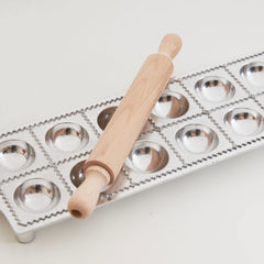 Aluminum ravioli mold and beechwood pin with rolling pin