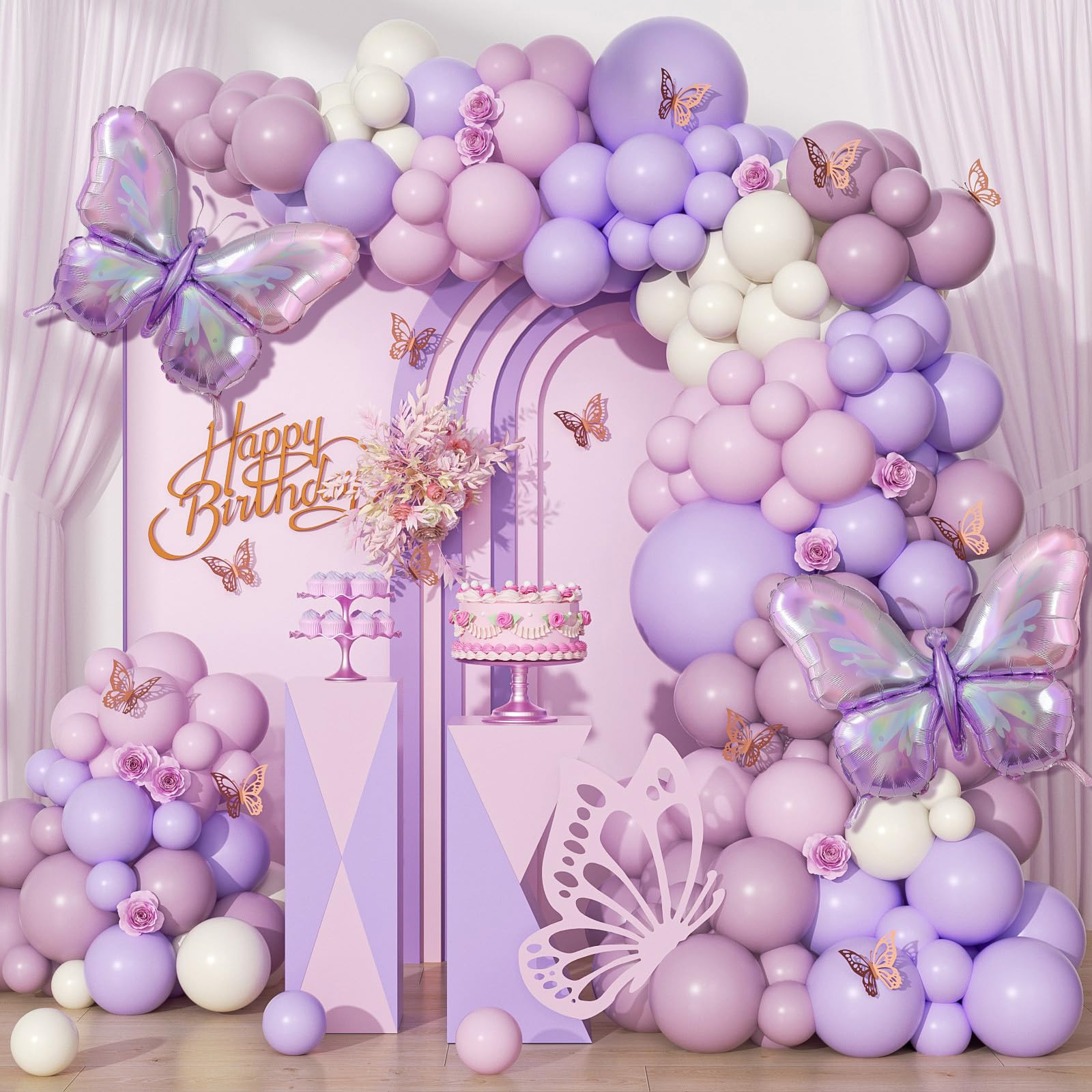 128pcs pink purple butterfly balloon arch kit