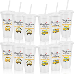 Bulk set of 12 bus driver appreciation cups white with lids and straws