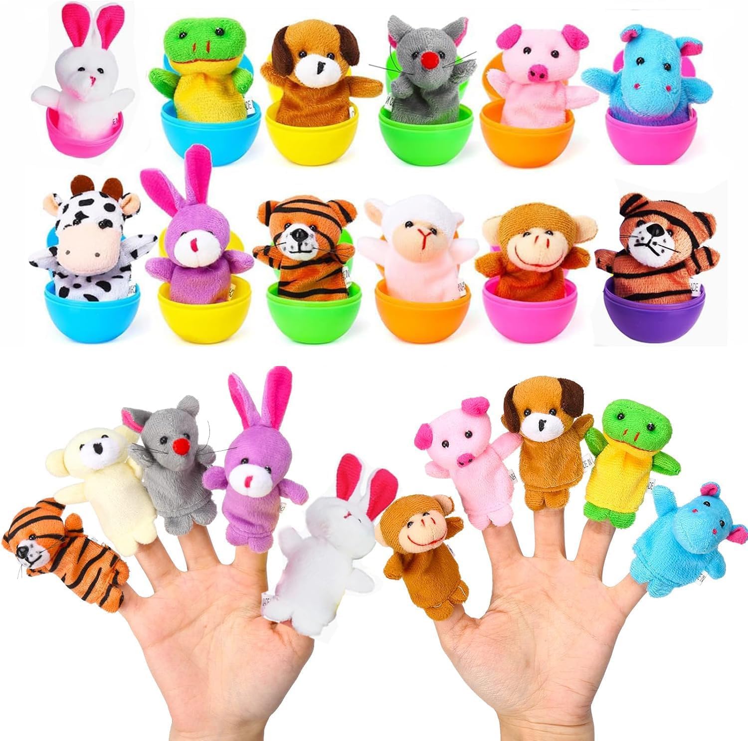 12 colorful Easter eggs filled with finger puppets