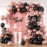 Contents include 61 black balloons and 58 rose gold balloons for arch kit