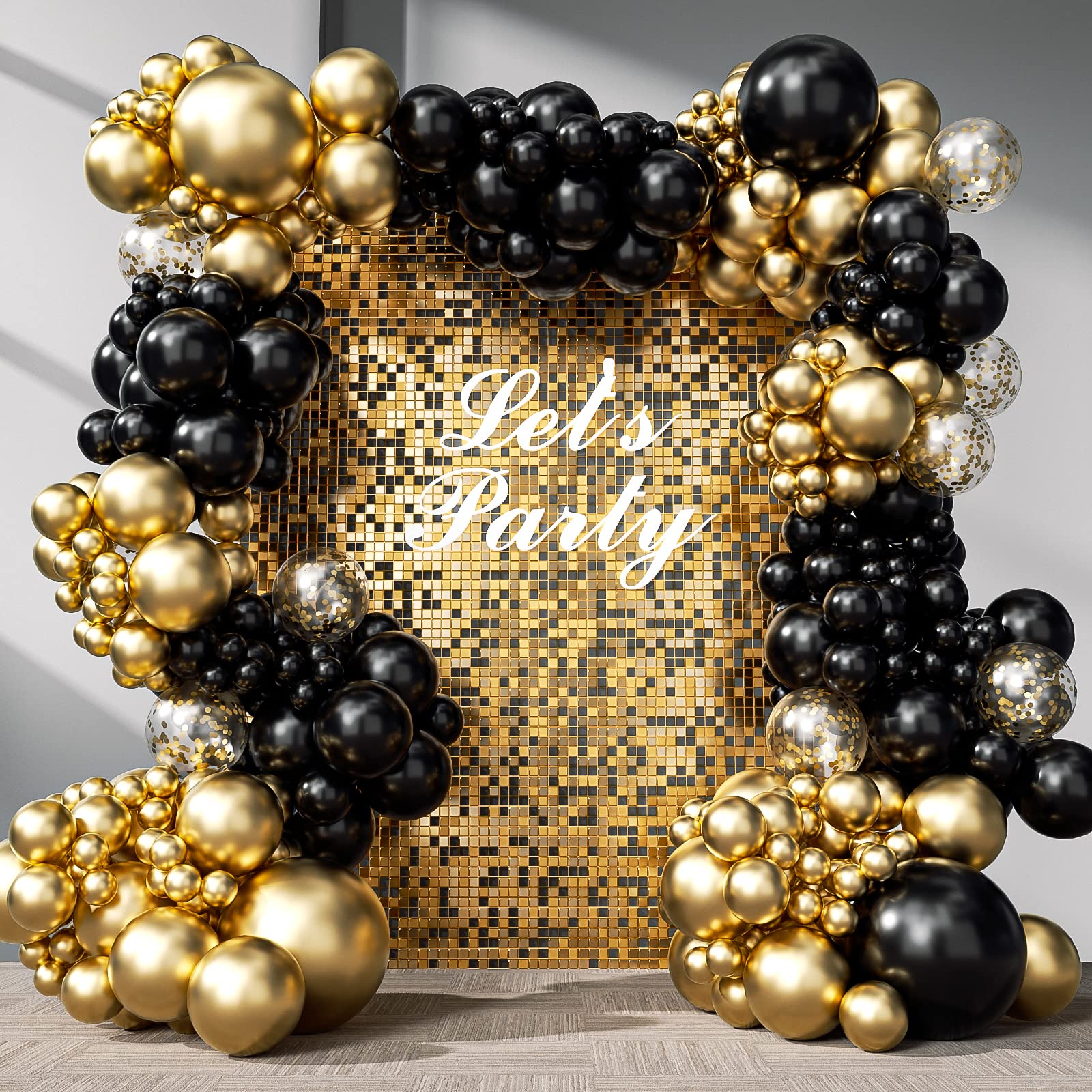 133pcs Black and Gold Balloons Garland Arch Kit contents layout