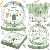 140 piece greenery baby boy shower tableware set front view