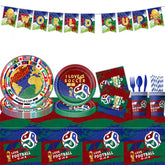 142PCS soccer party decorations set includes plates napkins cups and banner