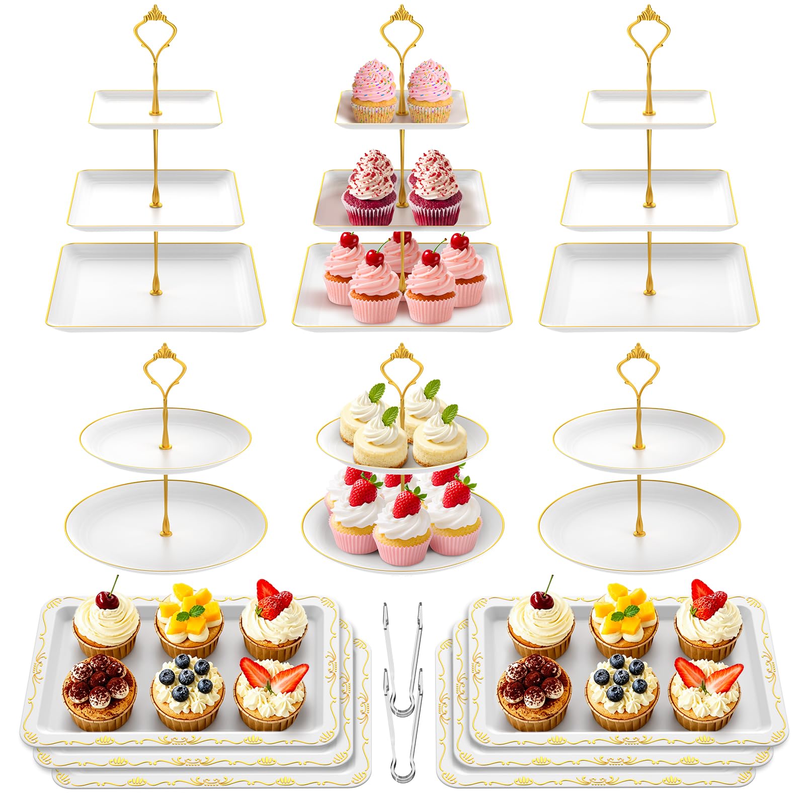 Package contents of the 14Pcs Dessert Table Display Set including stands and plates