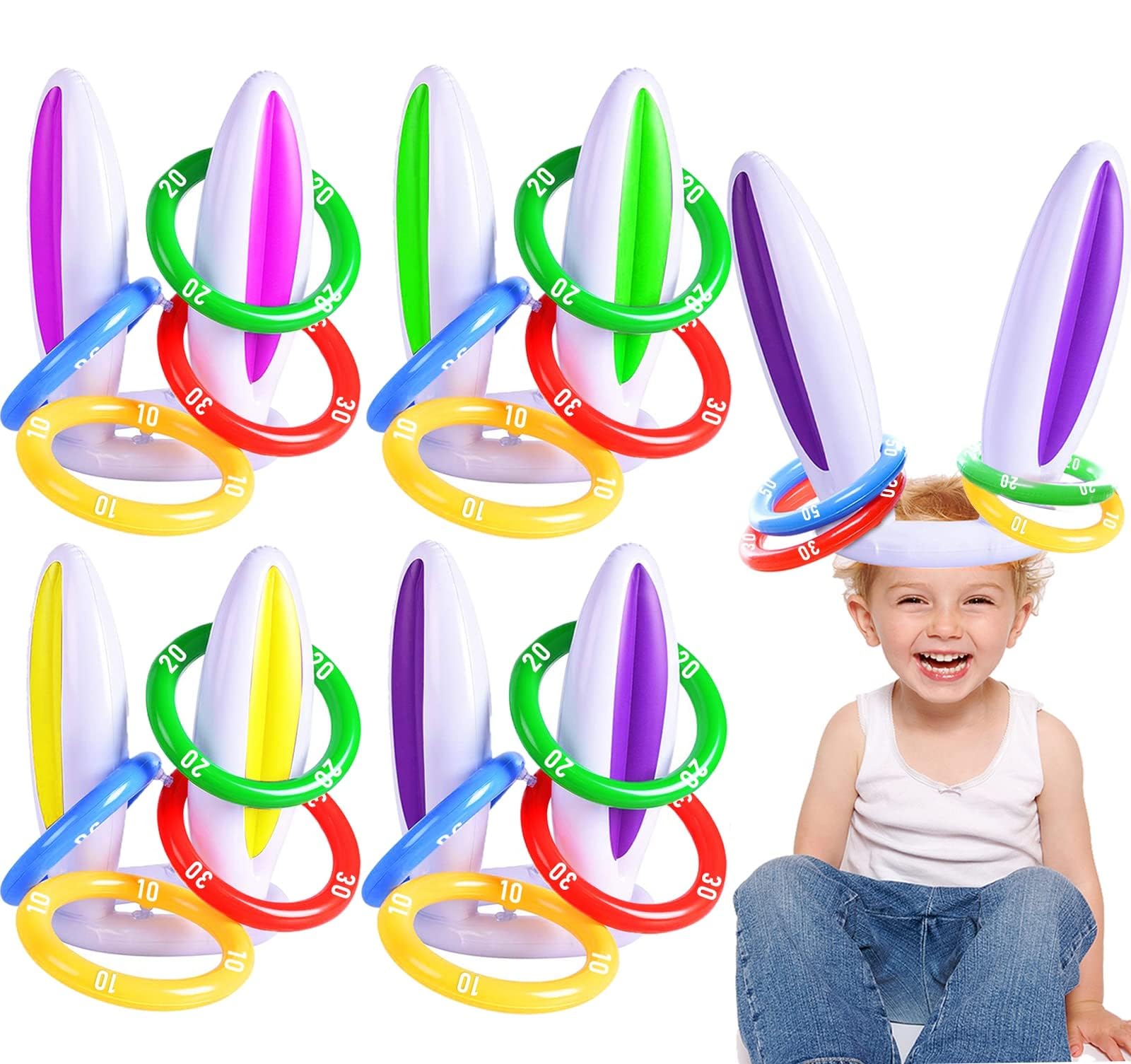 Pack of 4 inflatable bunny ears with 16 rings for Easter