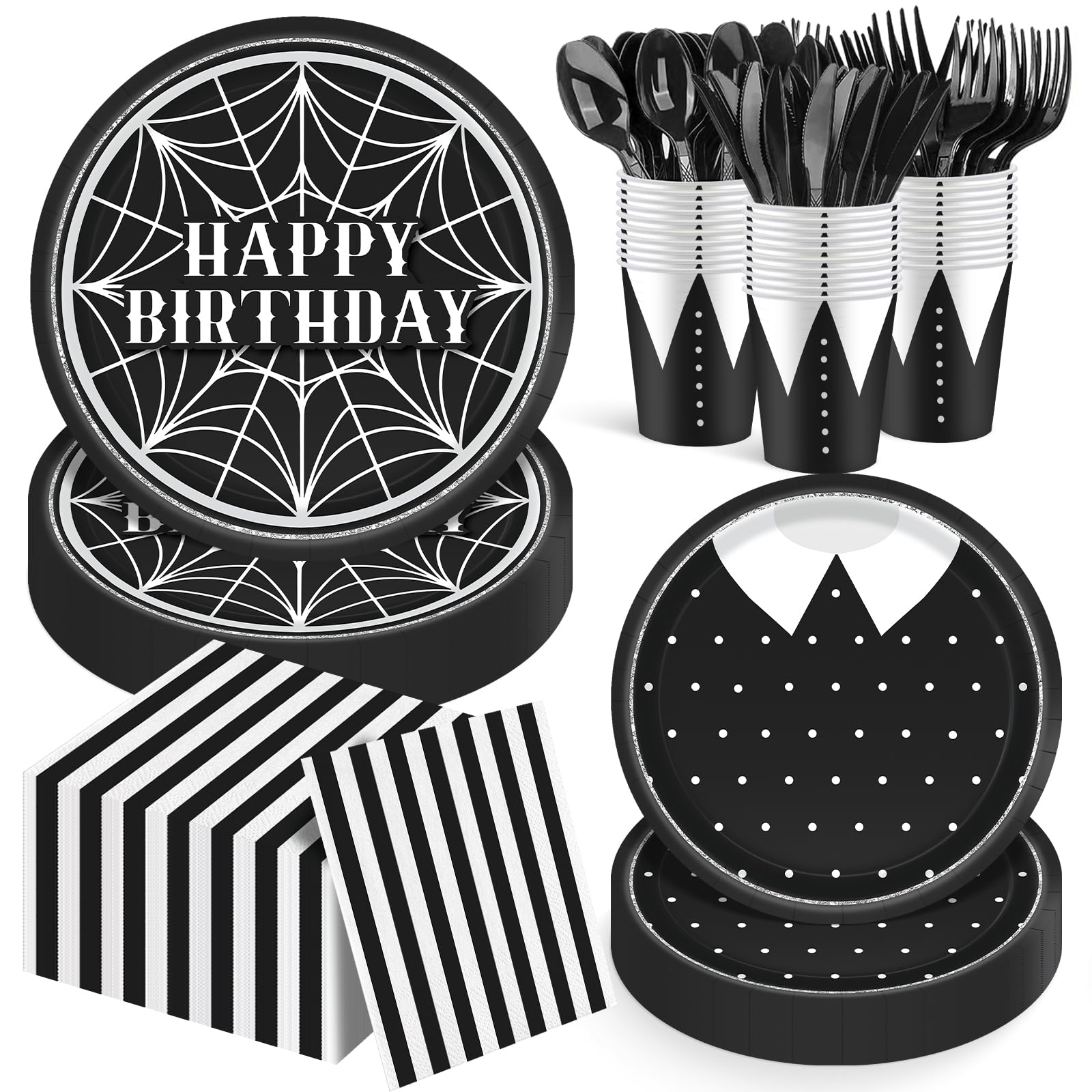 168Pcs Birthday Decorations dinnerware set with plates and utensils for 24 guests