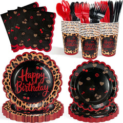 168Pcs Red Cheetah Birthday Decorations paper plates napkins and cups for 24 guests