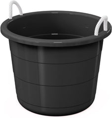 17-gallon heavy-duty plastic storage tub with rope comfort-grip handles in black