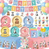 Banner and dessert plates from 198 Pcs Pet Dog Birthday Supplies