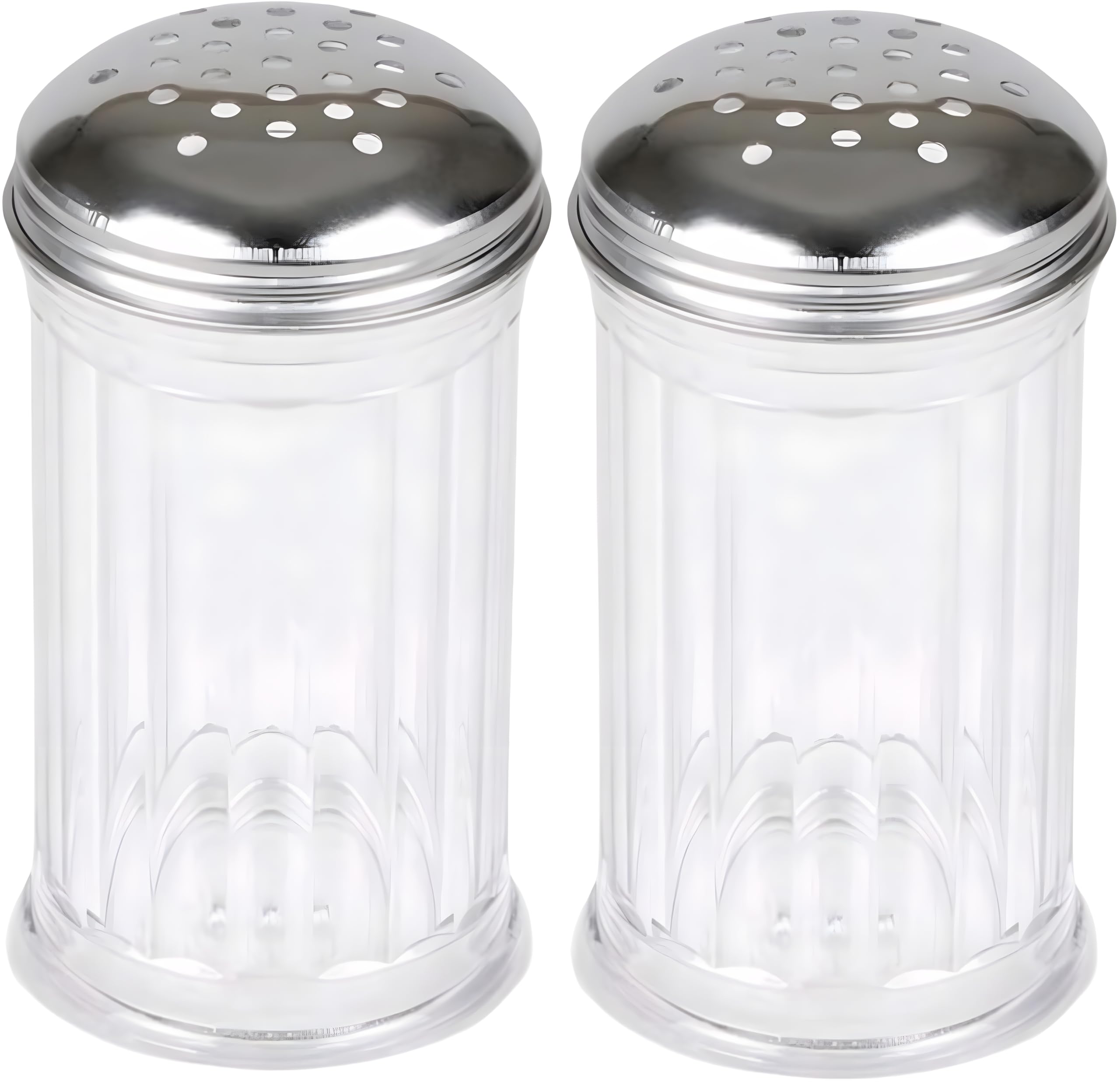 2-pack 12 oz glass spice cheese shaker set on countertop with stainless tops