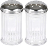 2-pack 12 oz glass spice cheese shaker set on countertop with stainless tops