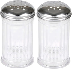 2-pack 12 oz glass spice cheese shaker set on countertop with stainless tops