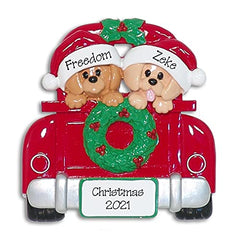 2 puppy dogs in red pickup truck ornament hand painted resin