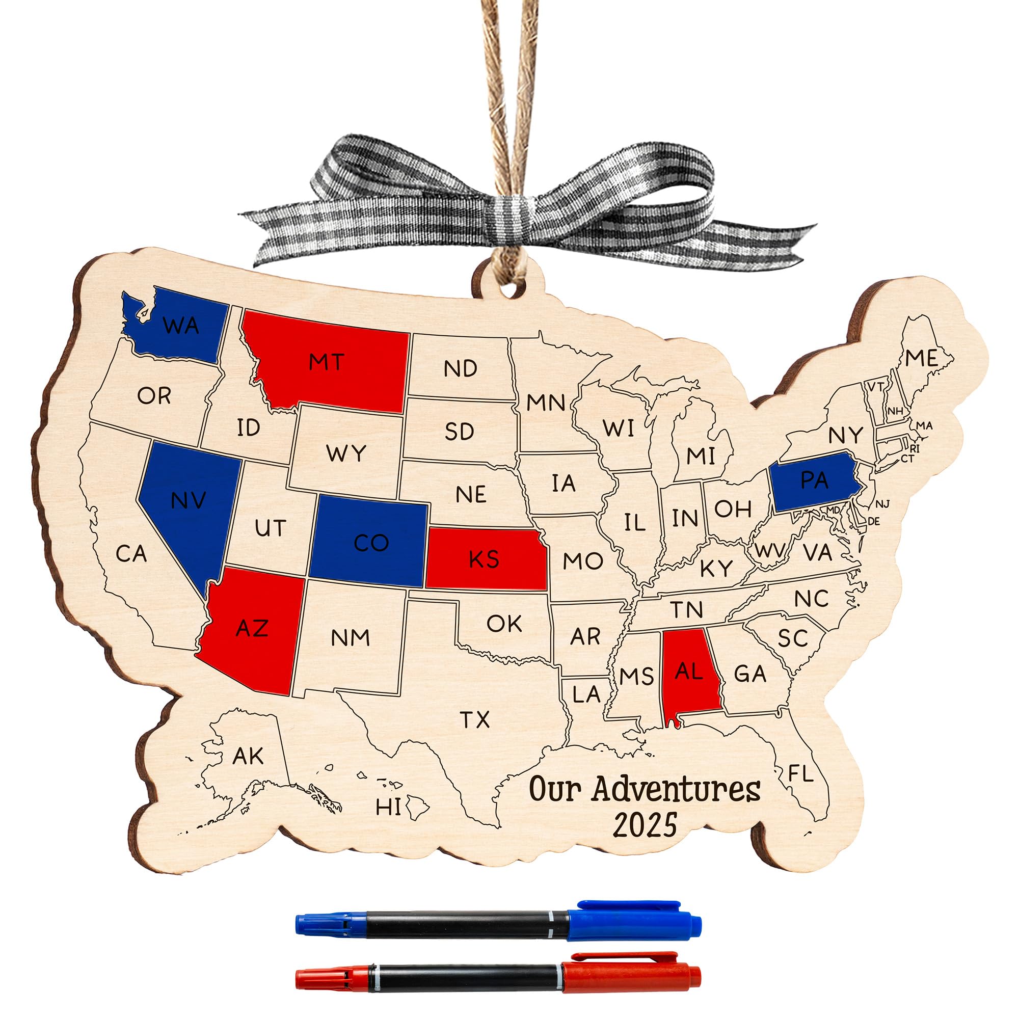 Close up of 2025 personalized US travel map ornament