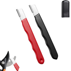 Two-pack garden tool sharpener set in red and black