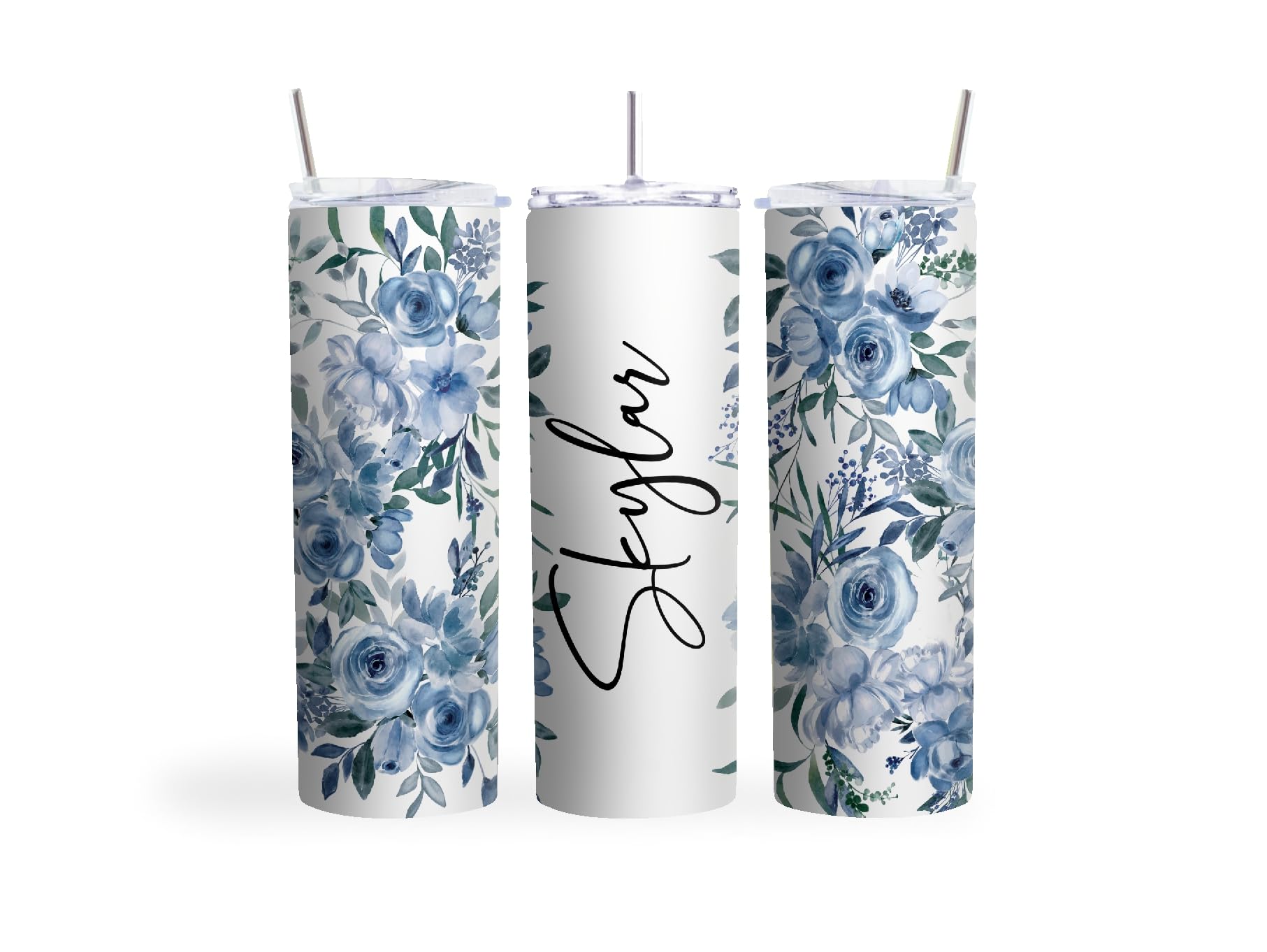 20oz Skinny Tumbler with floral blue roses design