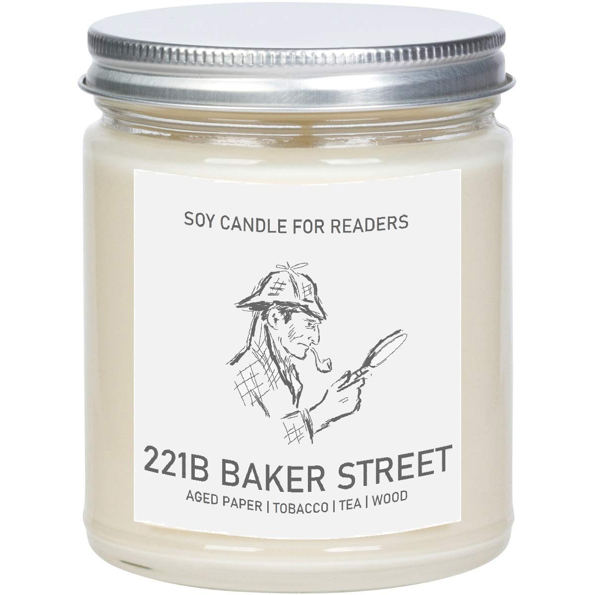221B Baker Street 8 oz soy candle in clear glass jar