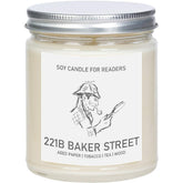 221B Baker Street 8 oz soy candle in clear glass jar