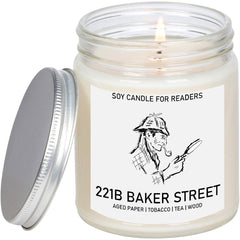 Sherlock Holmes inspired literary candle with aged paper rain water green tea tobacco and redwood scent