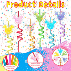 24 glitter mouse ear straws in six colors with charms
