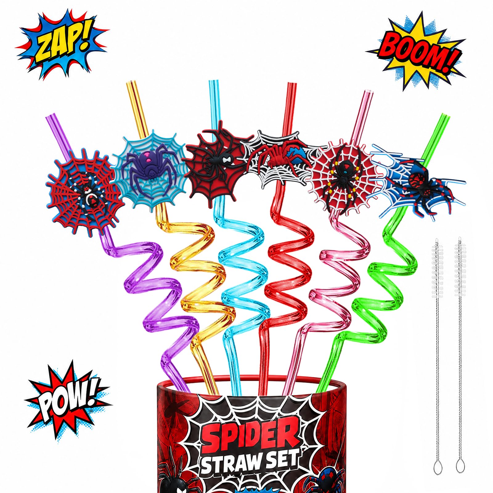 24-pack Spider Web Crazy Straws with colorful 3D spider web decorations
