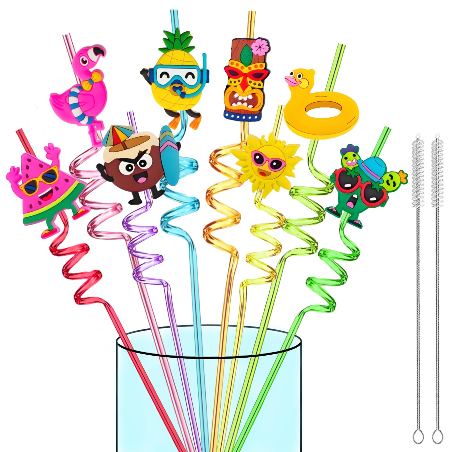 24 pack reusable Hawaiian drinking straws with tropical attachments