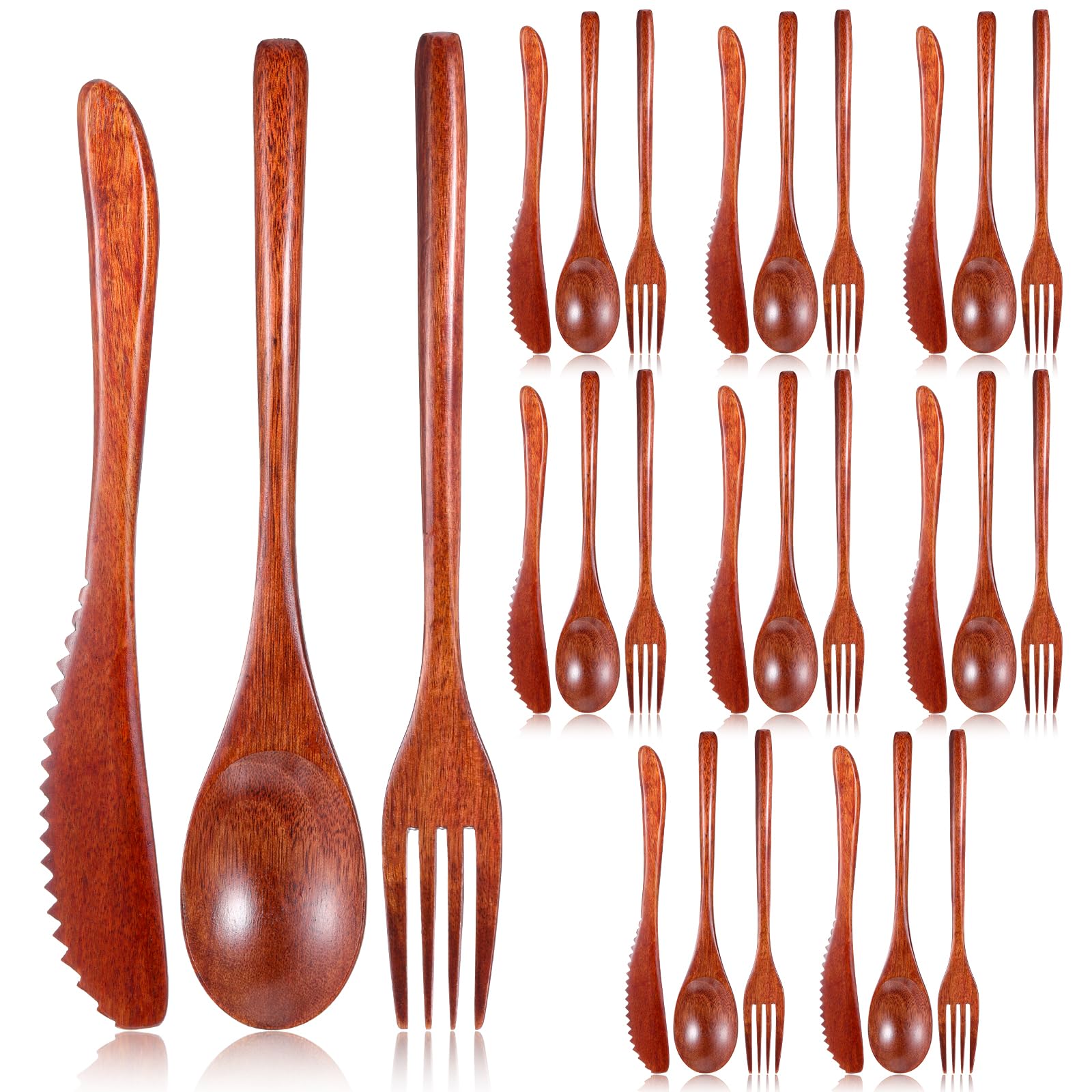 8 sets of wooden knife fork spoon in reddish brown