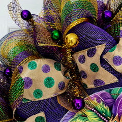 28 inch diameter Mardi Gras wreath for outdoor display