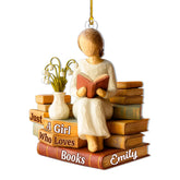 2D flat faux wood ornament depicting a girl reading on books