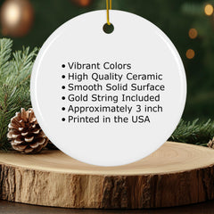 3 inch ceramic ornament with glossy finish and gold hanging cord