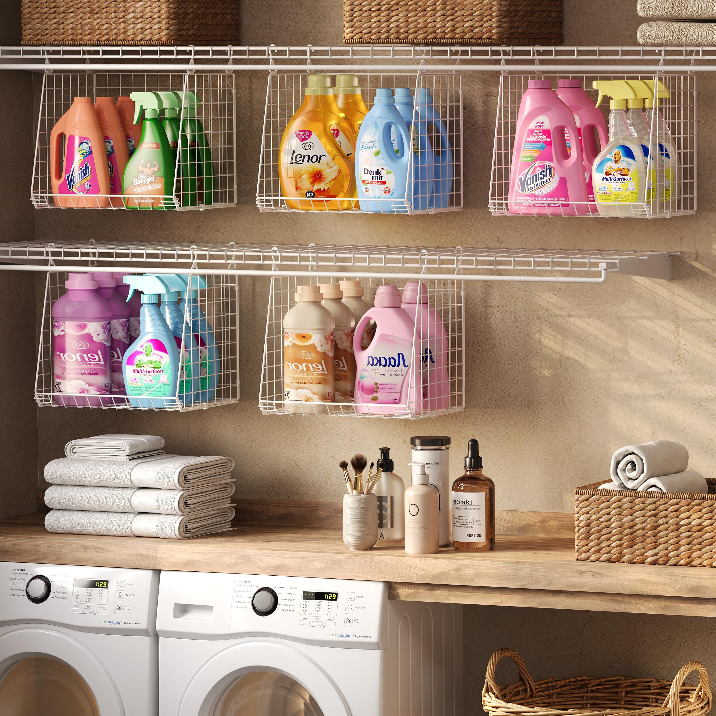 3-pack extra tall hanging laundry basket organizer with three baskets on wire shelf