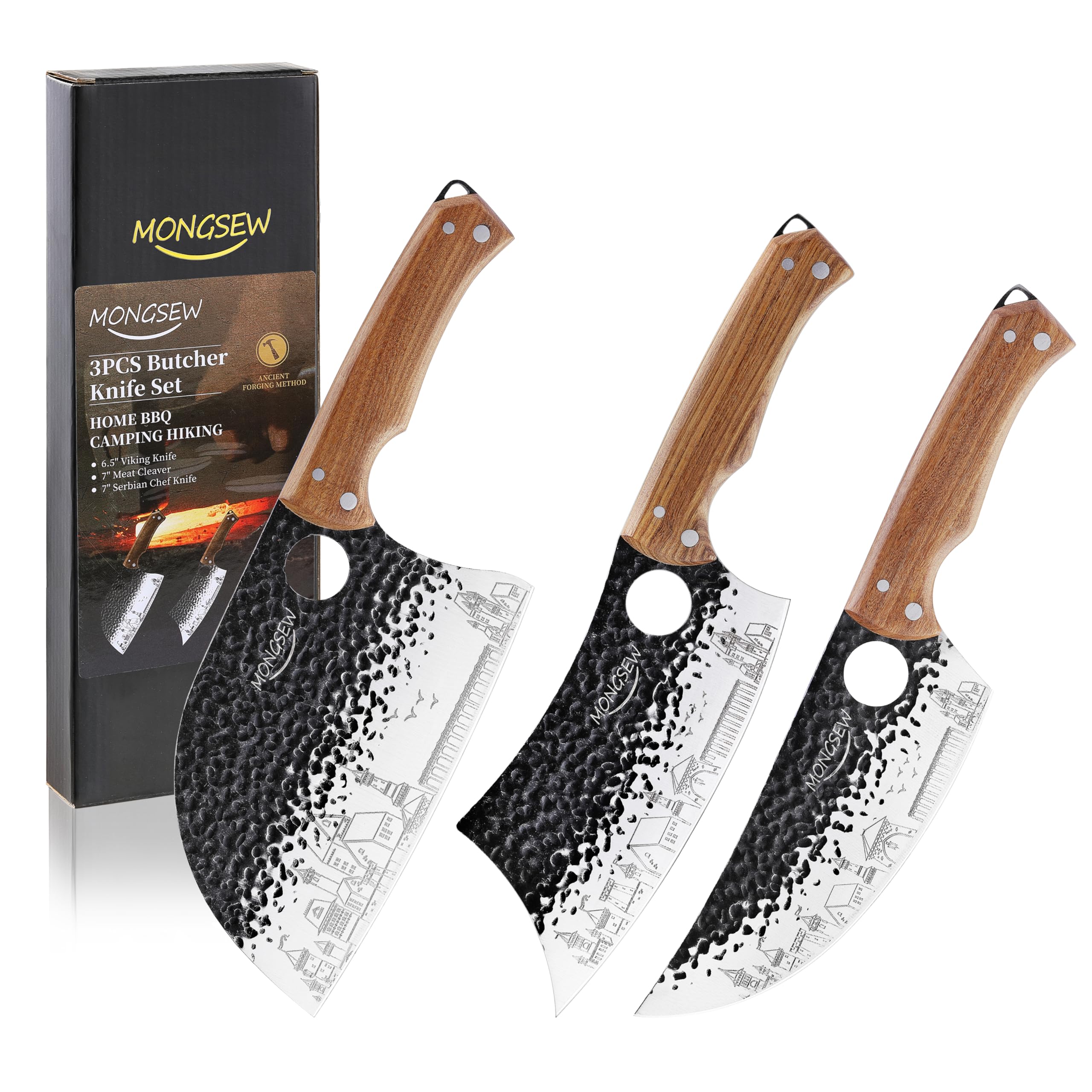 3 piece butcher knife set with wooden handles
