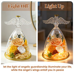Warm-toned LED lights illuminate the preserved roses inside the dome