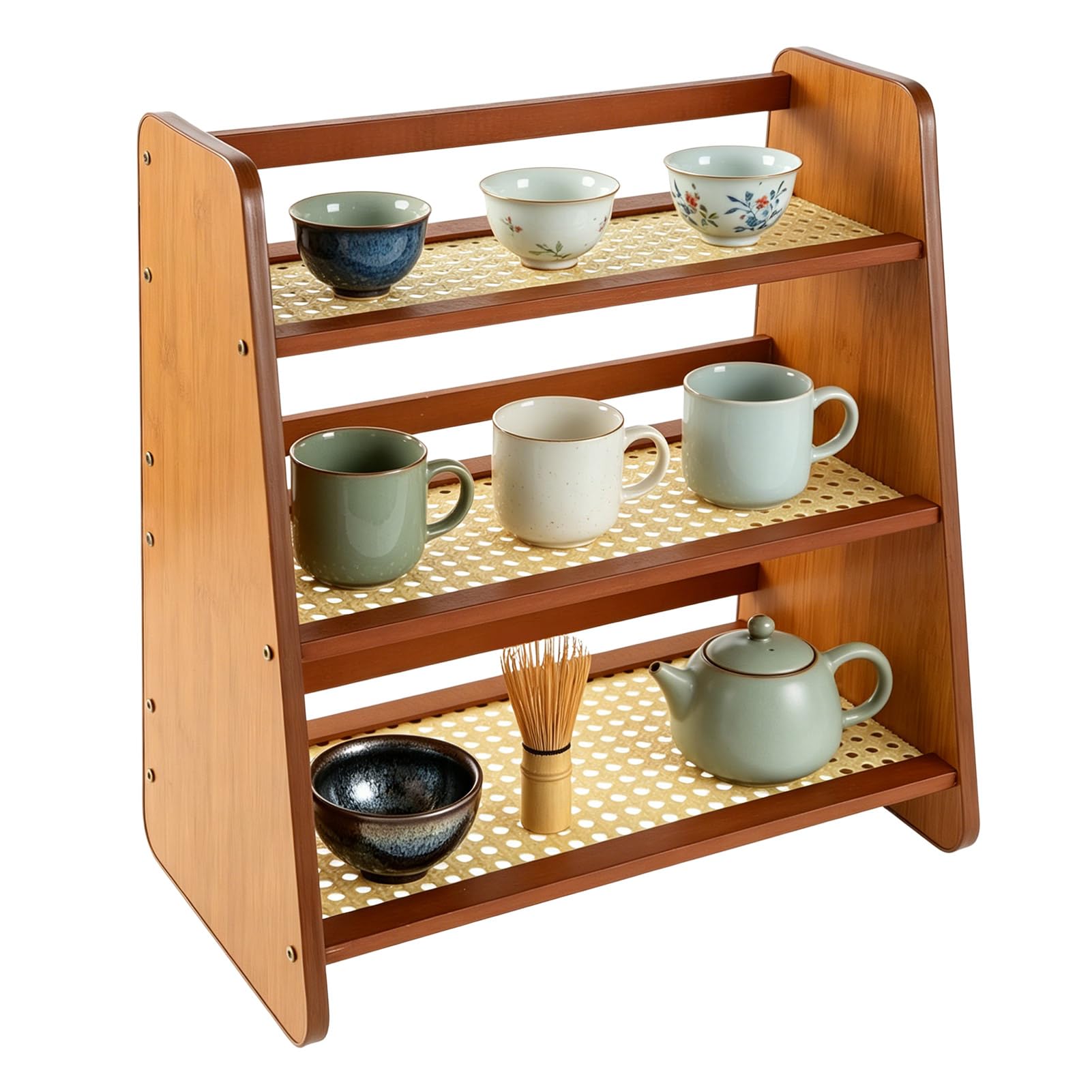 3 Tier Bamboo Matcha Station rattan-look organizer on kitchen counter