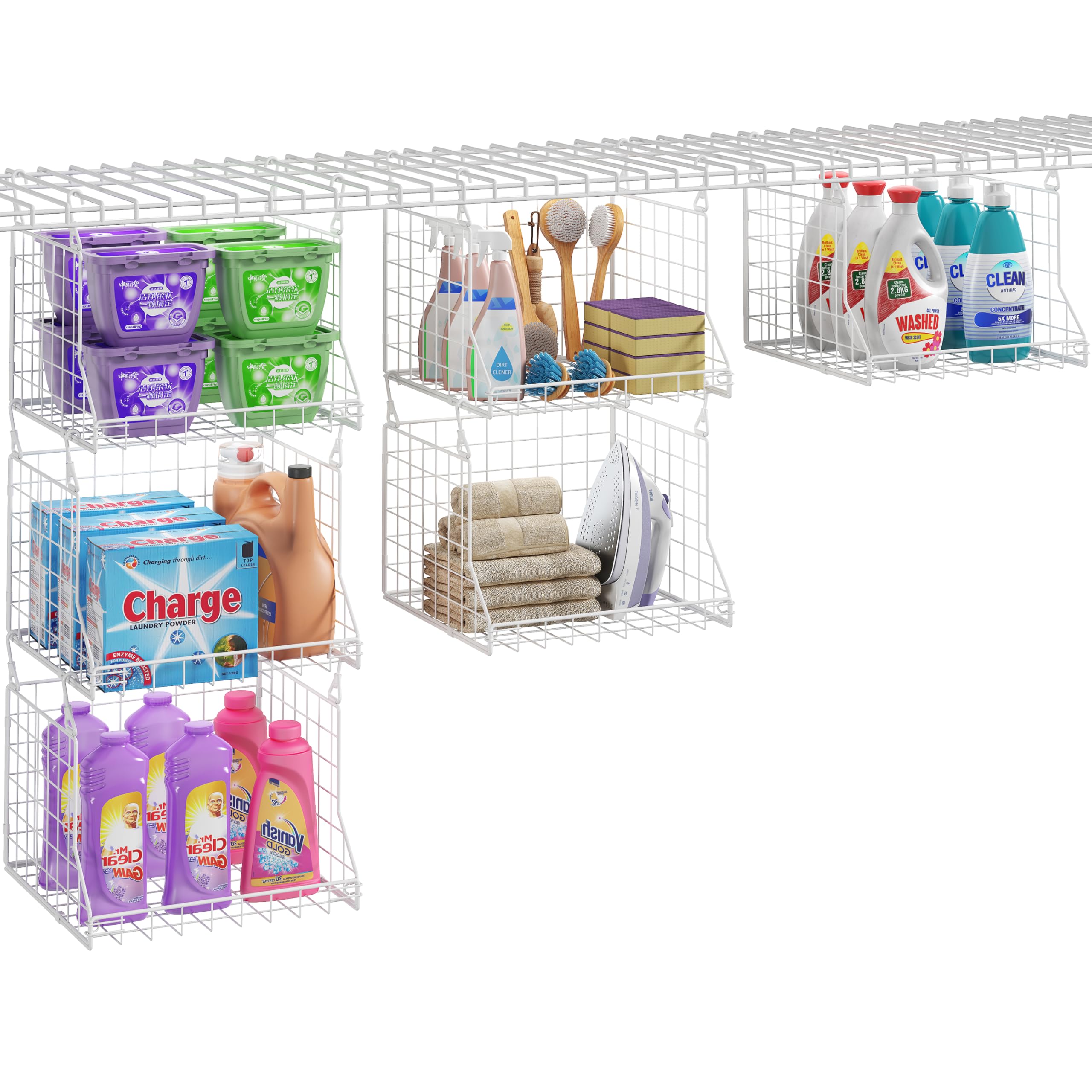 3-tier foldable laundry basket organizer with rotating hooks white