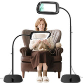 Large floor magnifying glass with light and stand showing 6.2 inch viewing area
