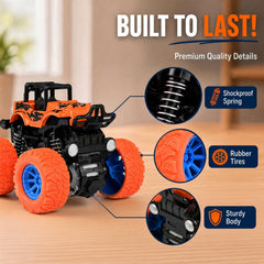 Gift-ready monster trucks box packaging with four cars