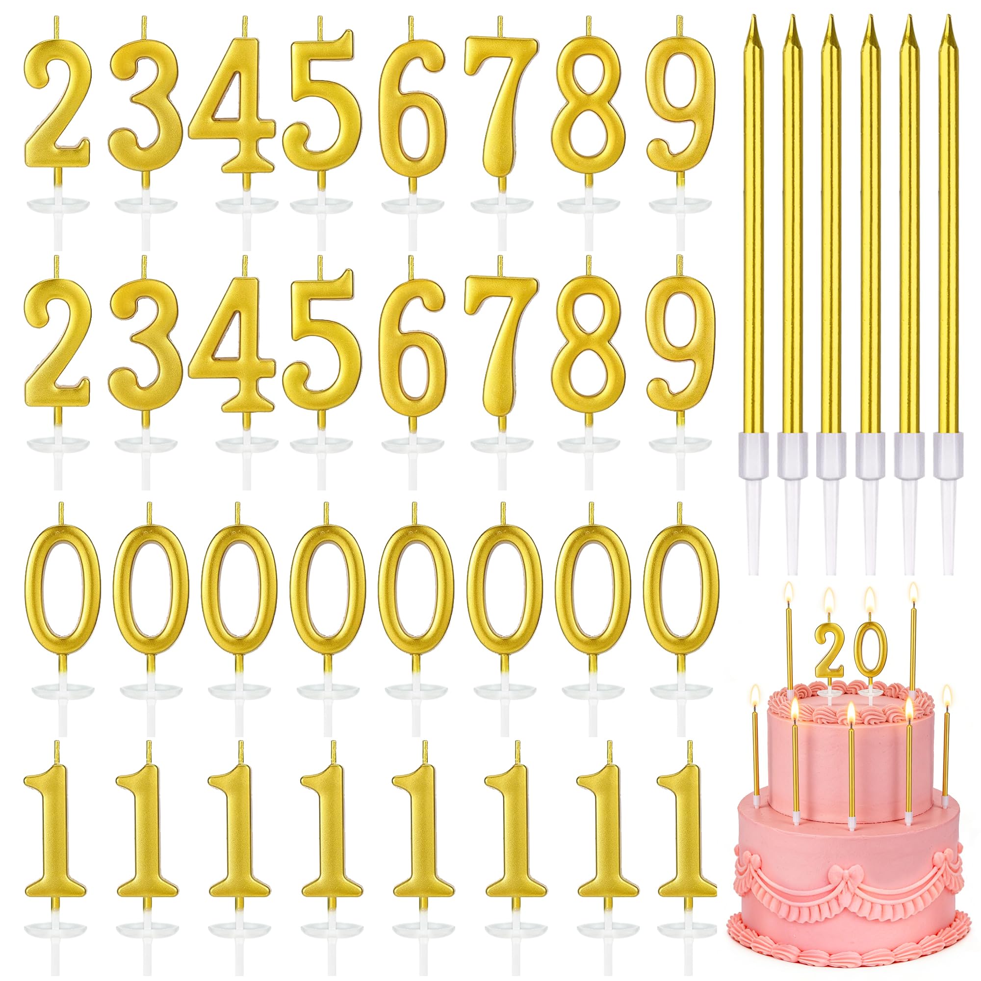 38pcs number birthday candles digital gold set on cake