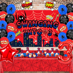 Backdrop with city skyline silhouette and spider web design for 3rd birthday
