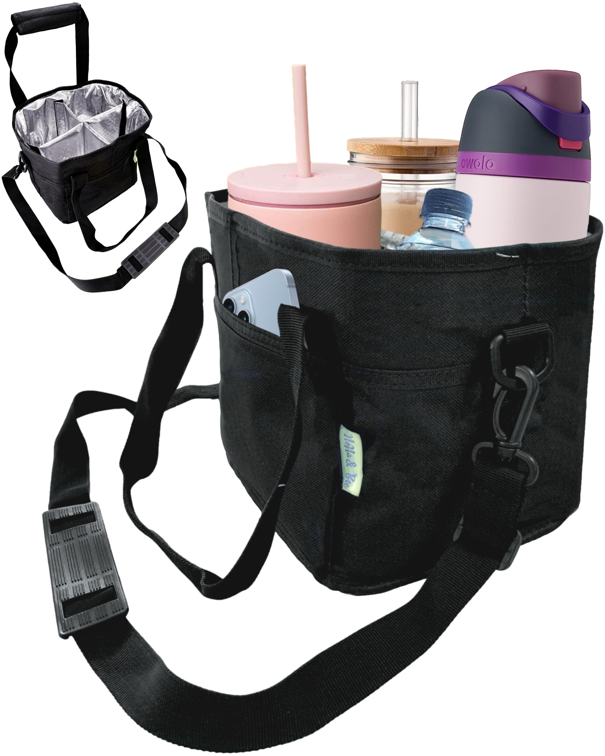 black 4 water bottle holder with strap front view