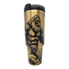 40 oz insulated tumbler with handle and lid featuring laser engraved Bigfoot design