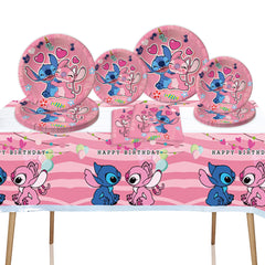 41pcs pink stitch party set packaging showing plates napkins and tablecover