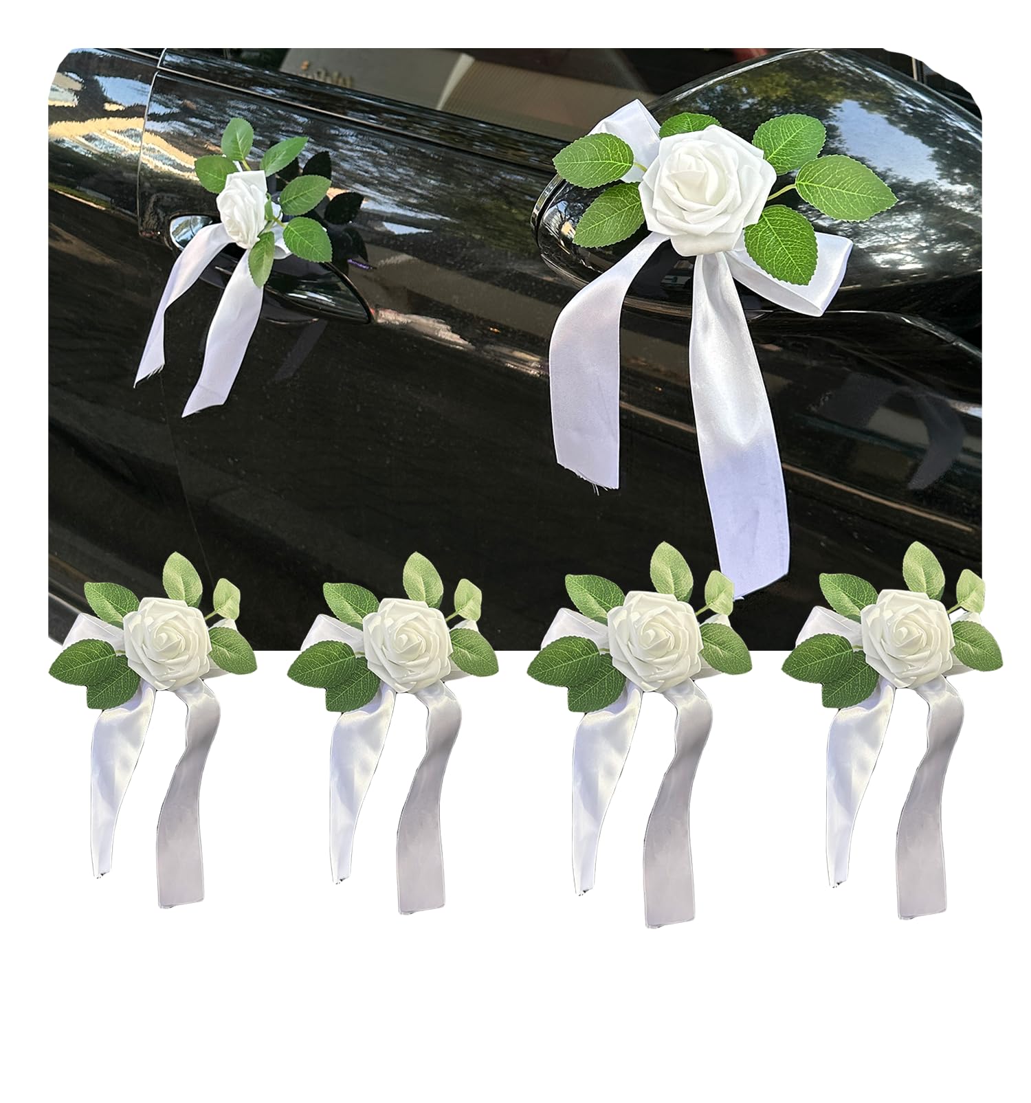 Four artificial silk flowers with white satin bows for car door handles