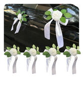 Four artificial silk flowers with white satin bows for car door handles