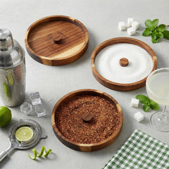 Acacia wood margarita trays designed for salt sugar or Tajin rims
